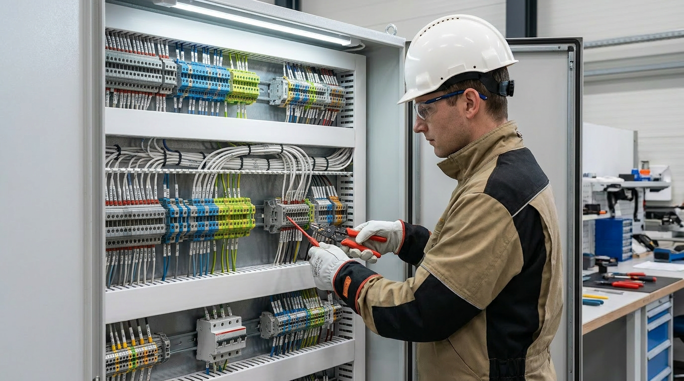 Technician wiring an electrical control panel