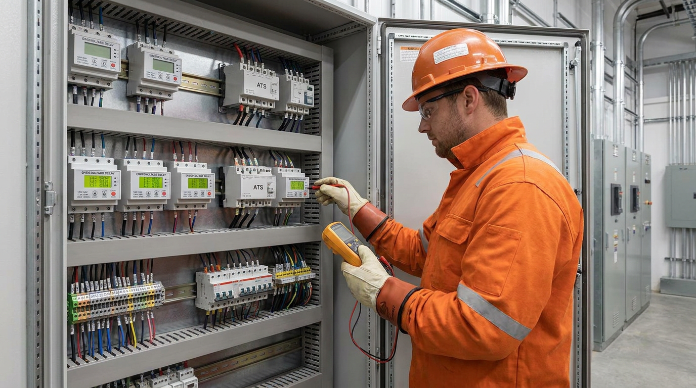Technician checking power protection and transfer equipment