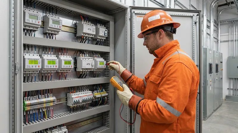 Technician checking power protection and transfer equipment