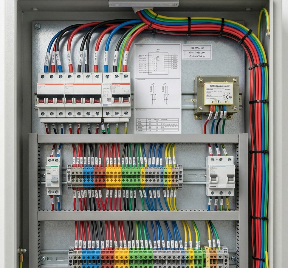 Clean cabinet wiring after DIN rail terminal block layout